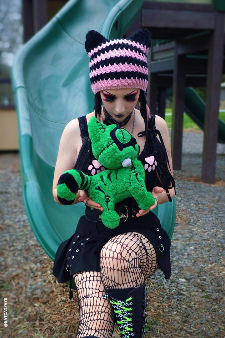 3D black and green stitched monster cat plush stuffed animal toy