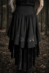 black gothic high low hem velvet skirt with embroidered roses