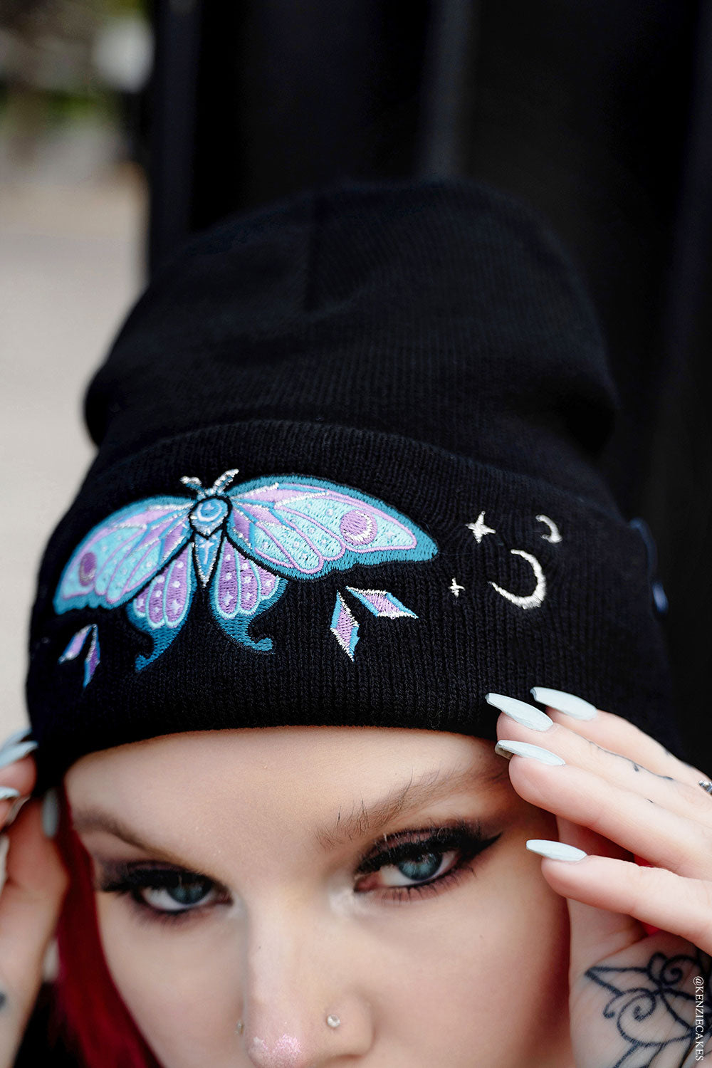 black knitted dark fairy luna moth beanie hat