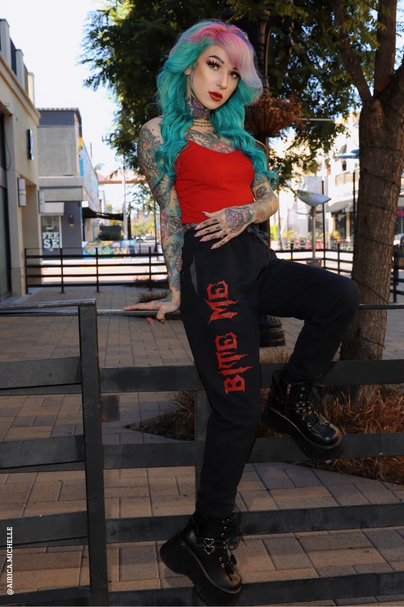 black unisex vampire sweatpants joggers with red script 
