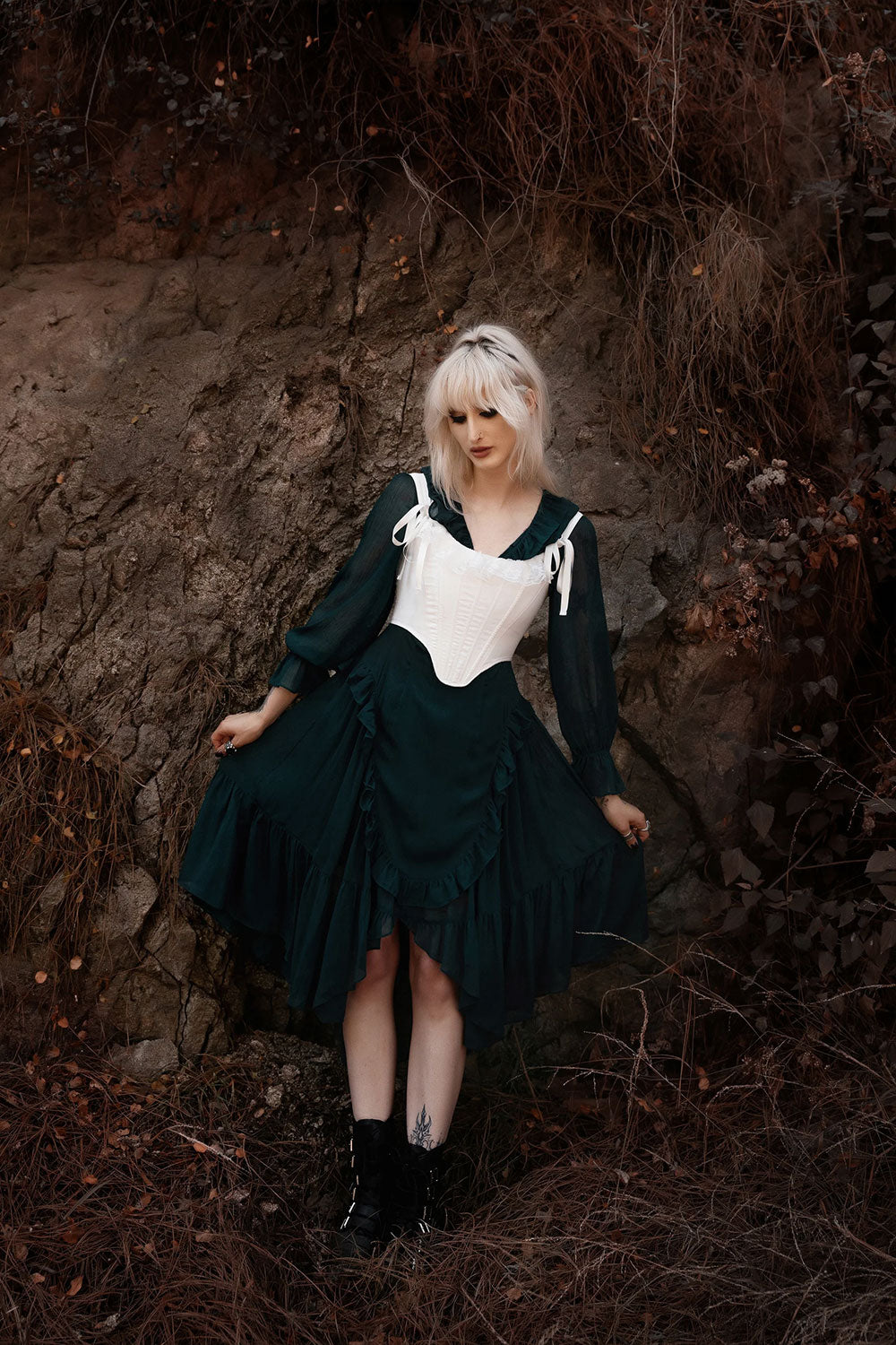 punk occult womens long sleeve ruffle hem dress in dark green