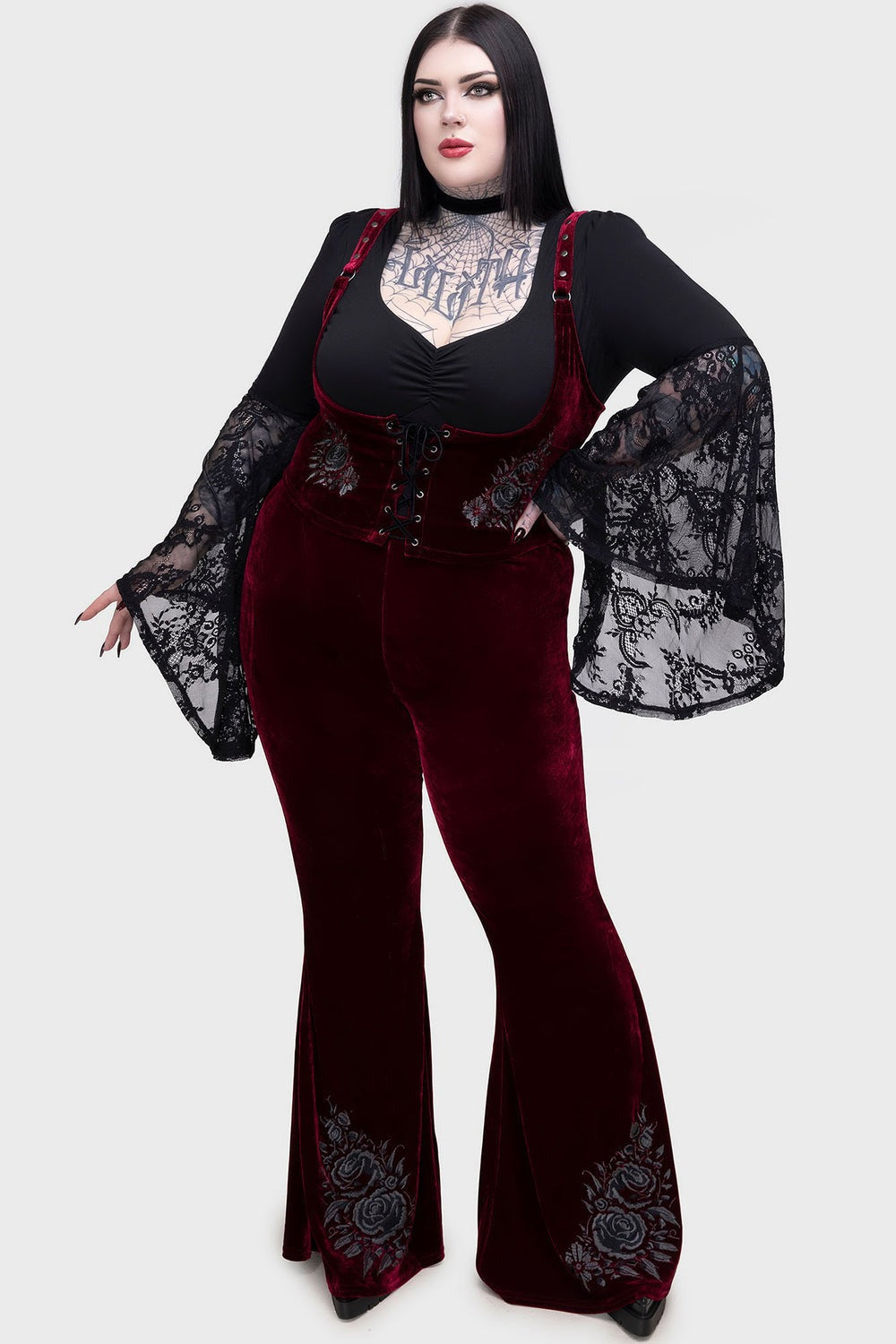 womens embroidered roses high waisted dark red whimsigoth flared pants