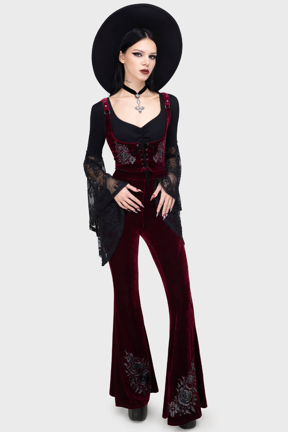 embroidered floral rose velvet high waisted dark red whimsigoth flared  pants