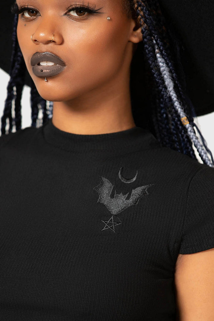 womens embroidered moon and bat top