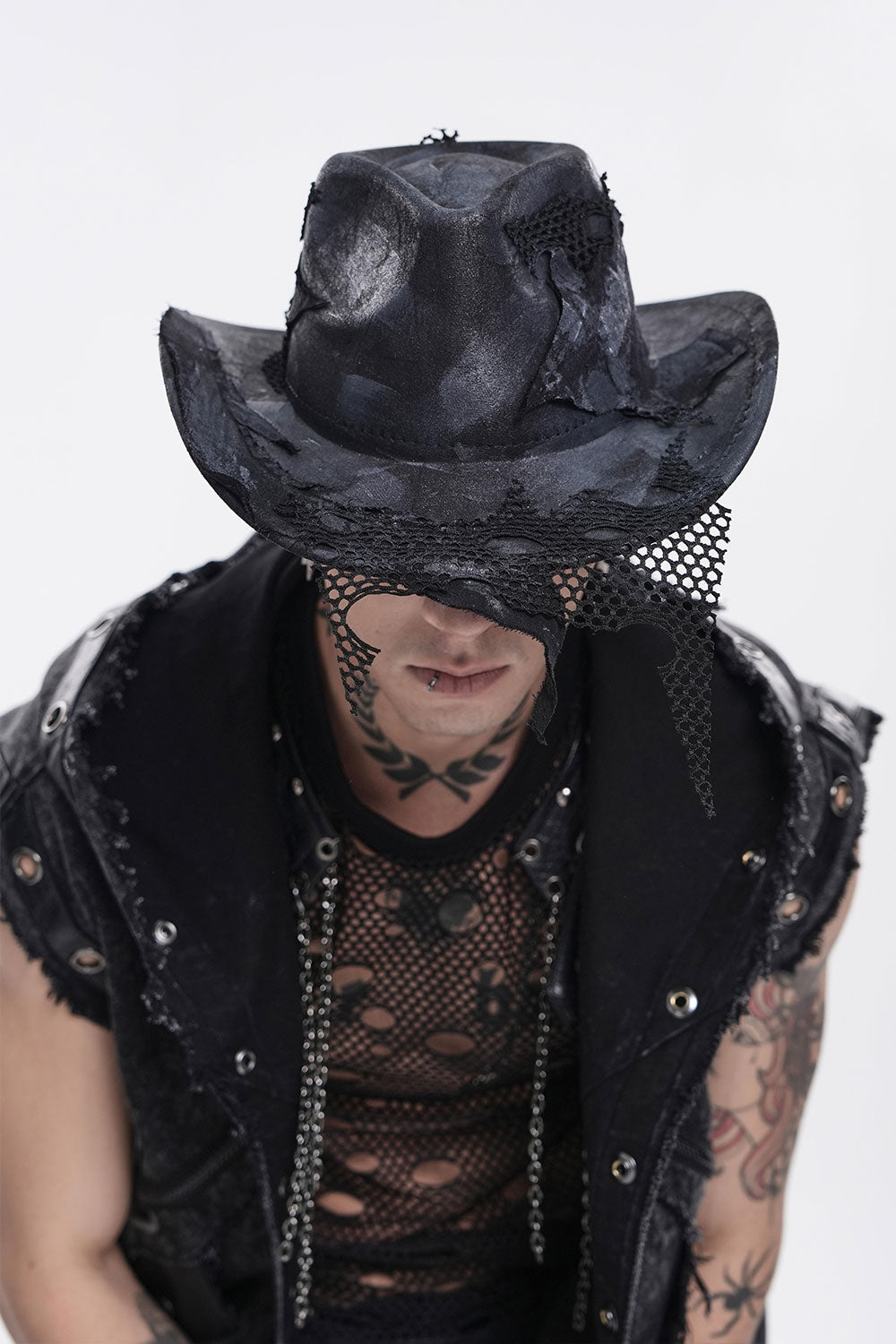 Goth cowboy hat with fishnet detail