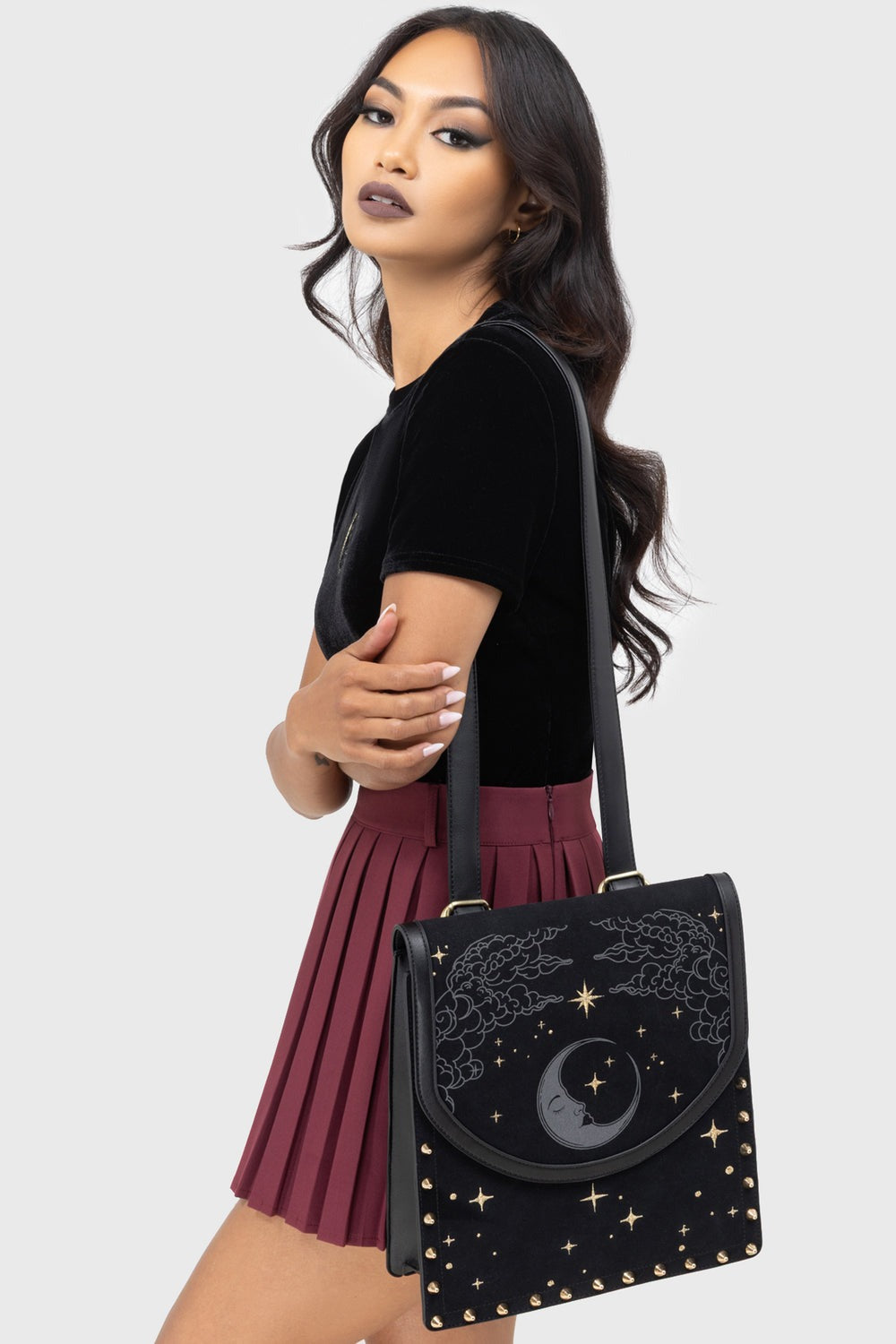 black crescent moon and star crossbody bag