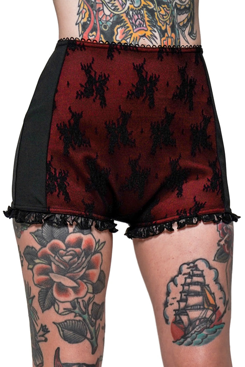 red and black lace bloomer swim shorts