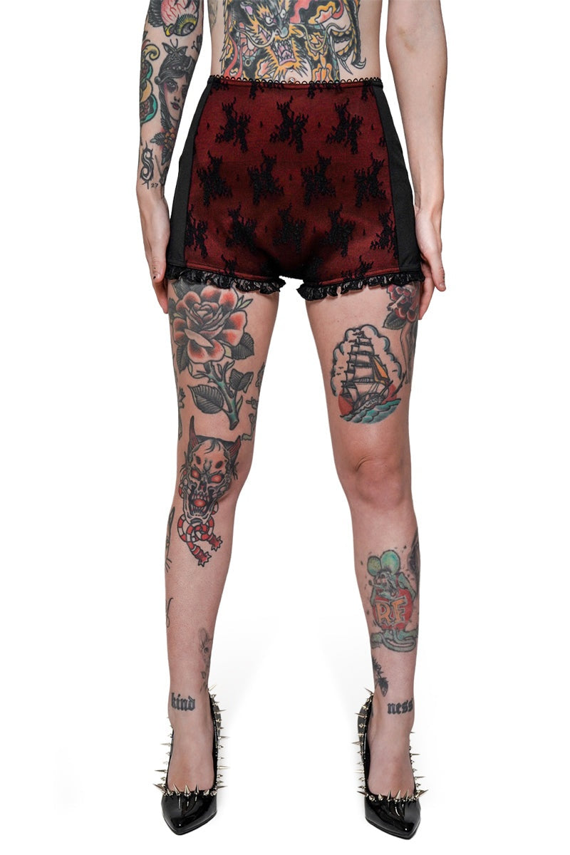 ruffled red and black lace bloomer swim shorts