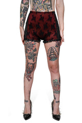 ruffled red and black lace bloomer swim shorts
