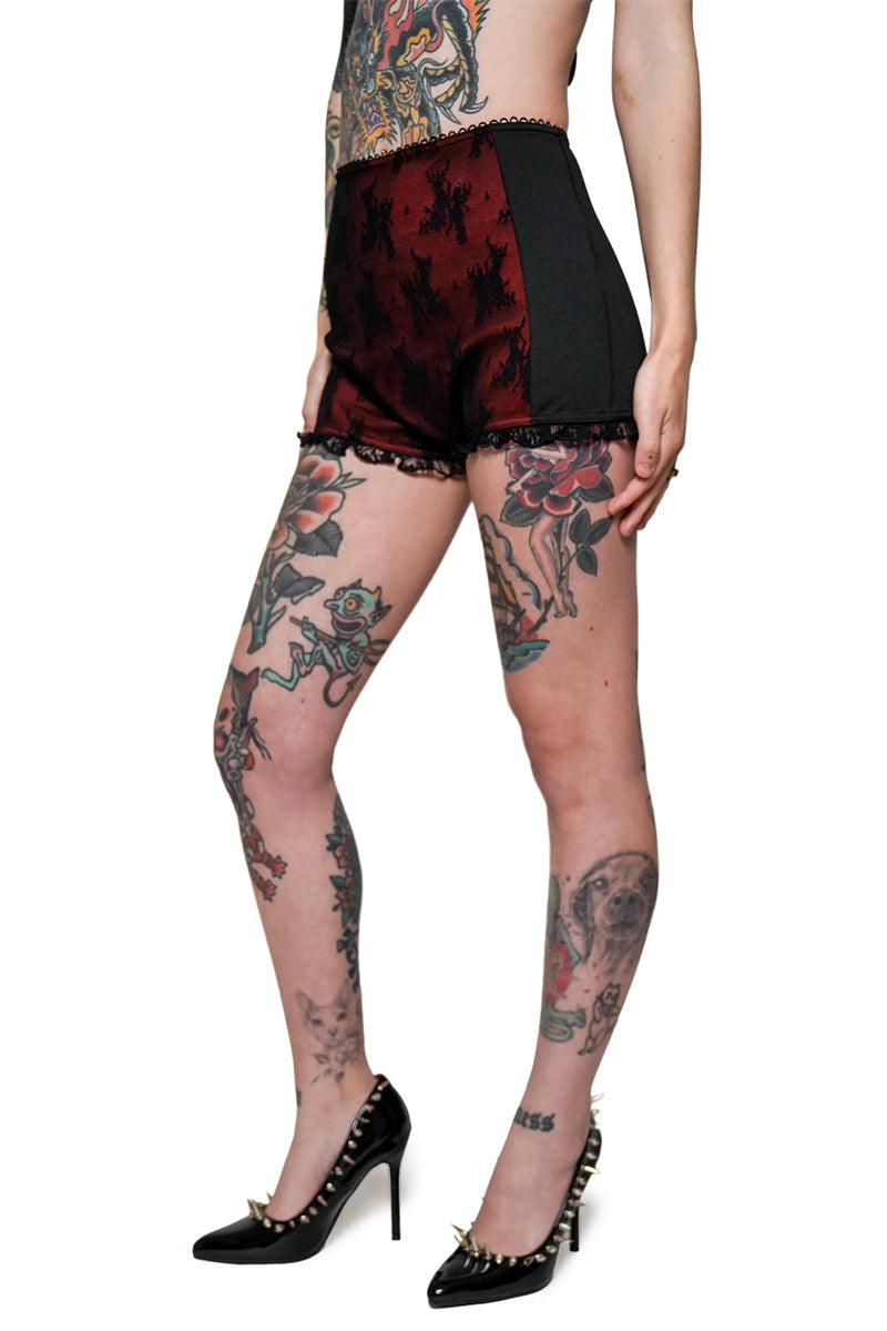 high waisted red and black lace bloomer swim shorts