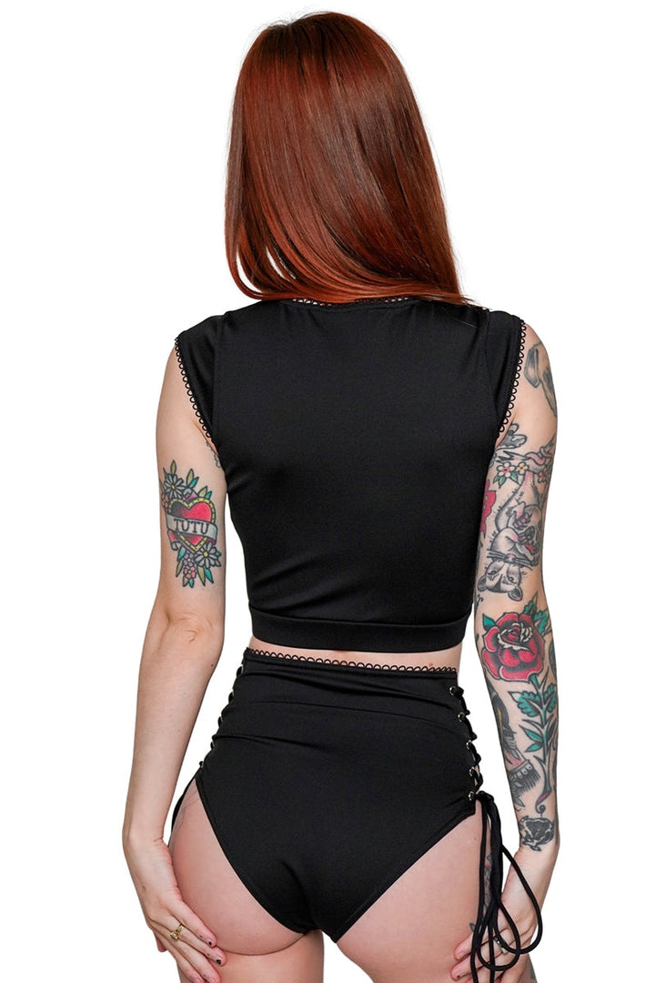 corset black and red keyhole cutout bikini top