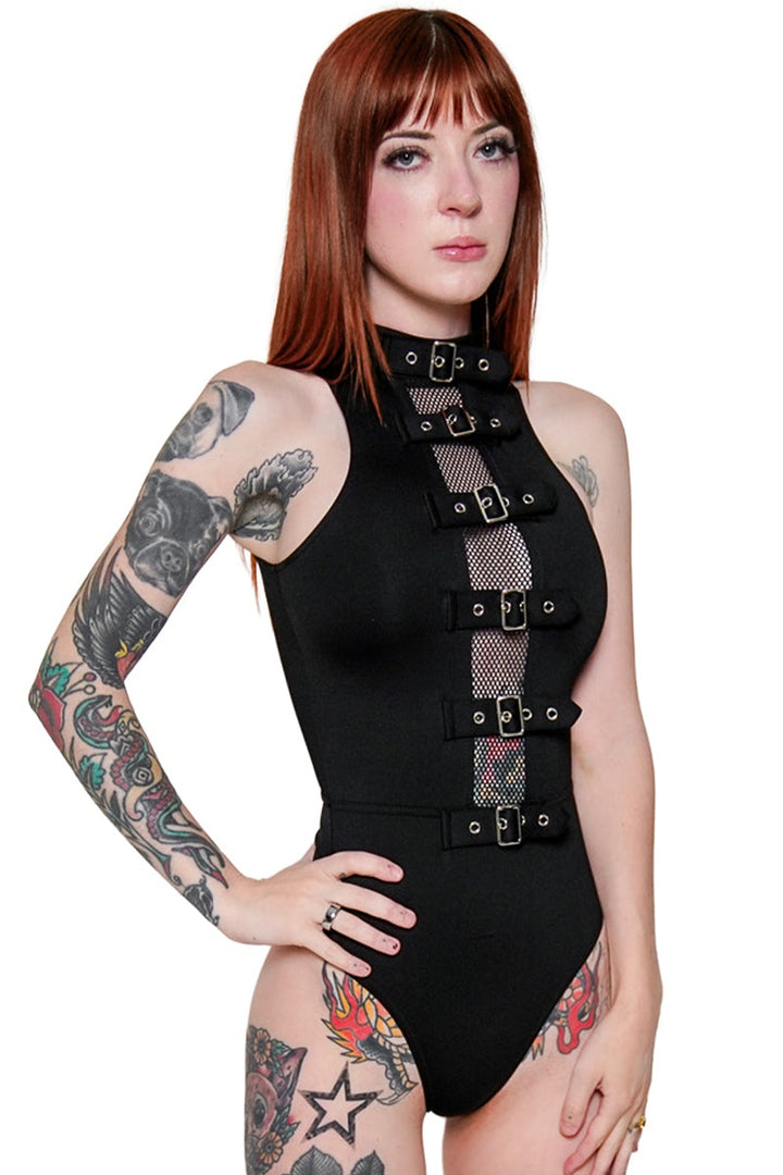 buckled gothic one piece swimsuit
