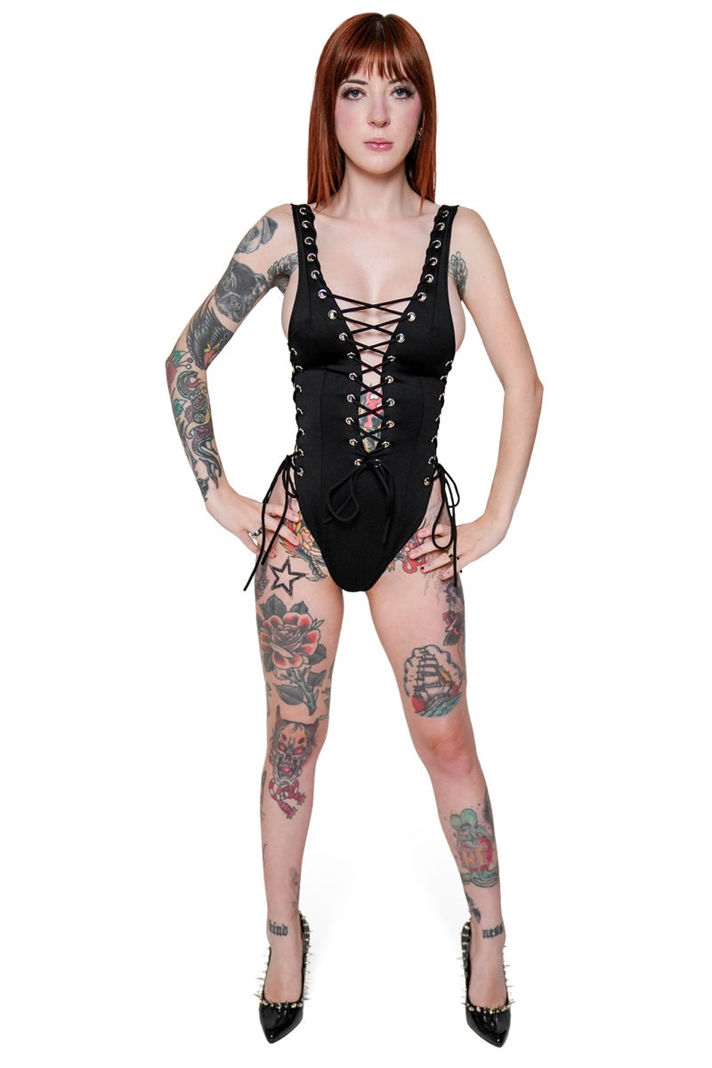 adjustable deep v-neck eyelet bathing suit 