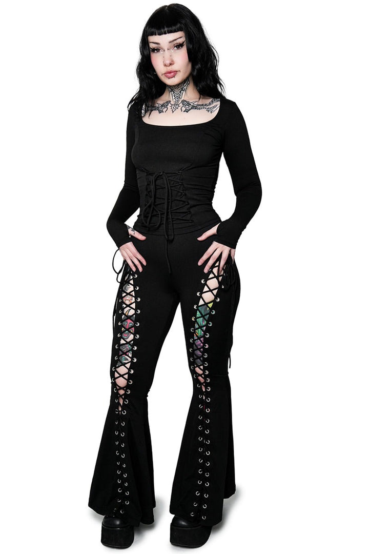 black high-rise gothic lace-up leggings