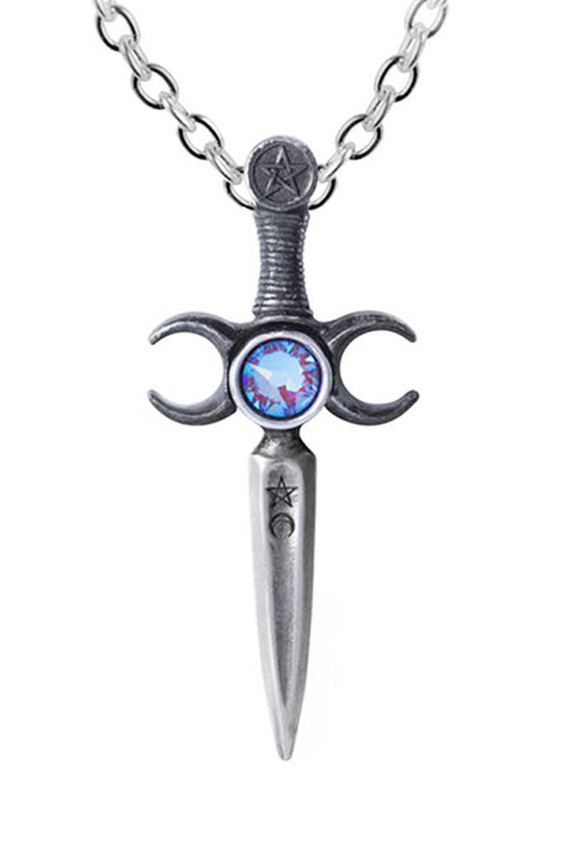 Gothic Style Dagger Pendant Necklace with Blue Crystal