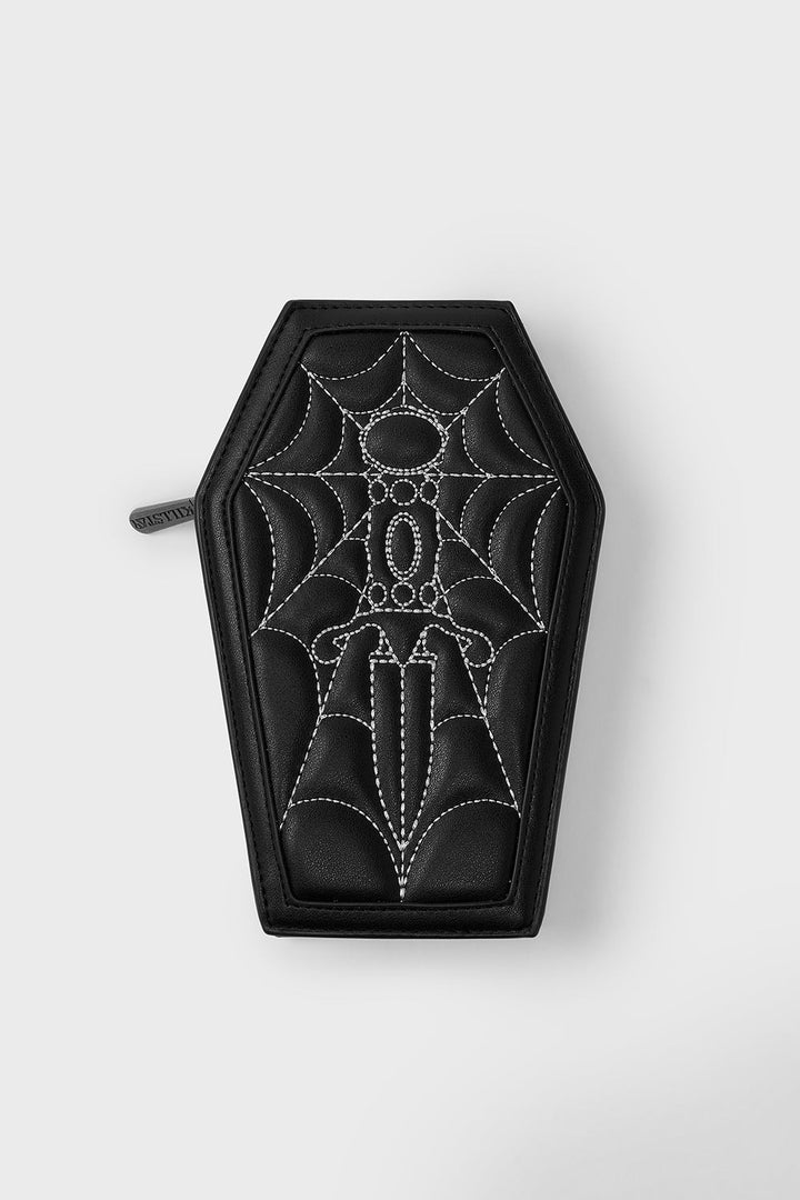 Black coffin-shaped  wallet  with spider web design on a white background