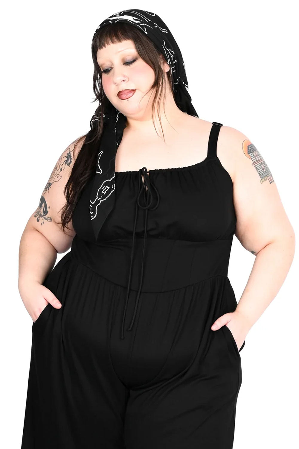 Plus size jumpsuit with pockets and drawstring keyhole top