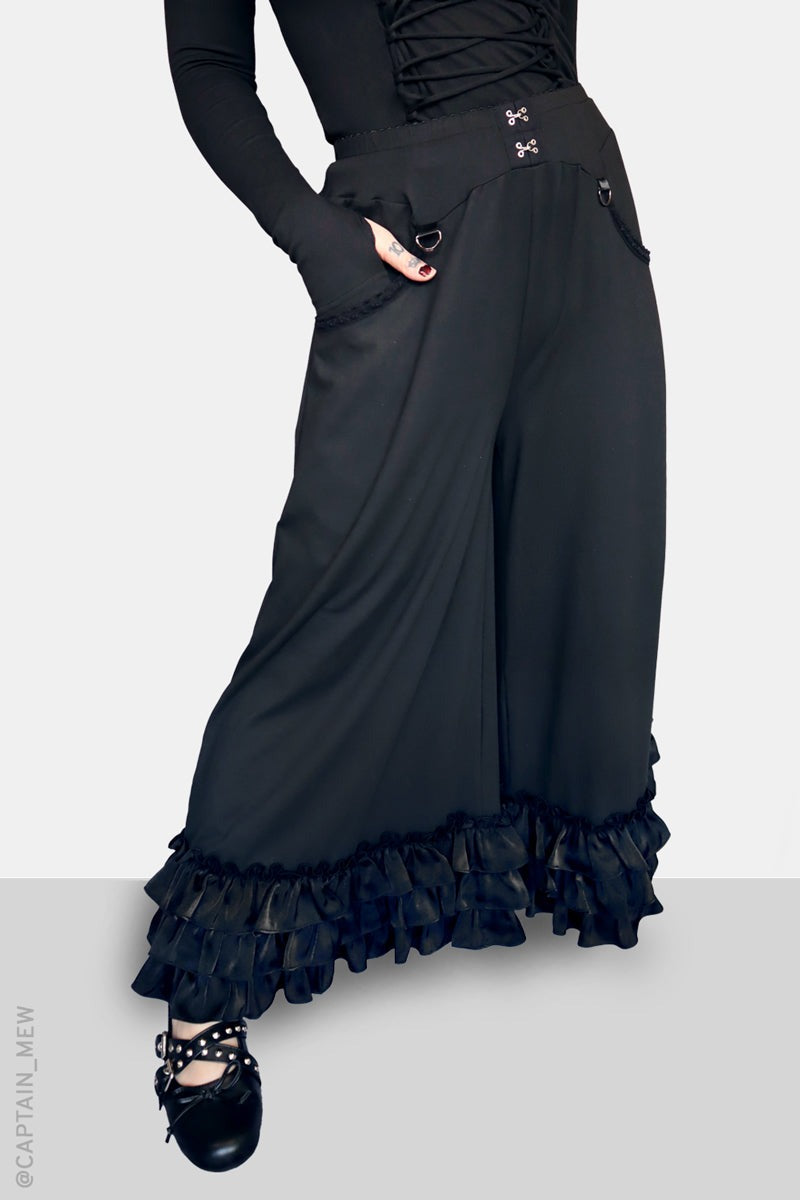 womens black tiered ruffle bloomer pants