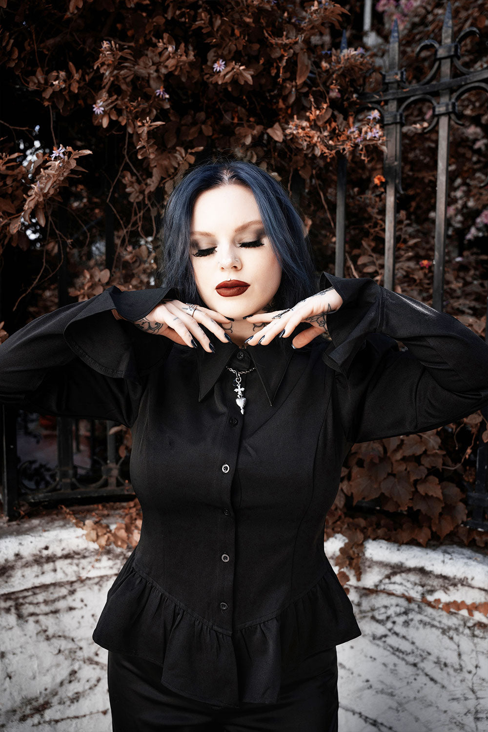 pointed collar gothic peplum button-up top for women