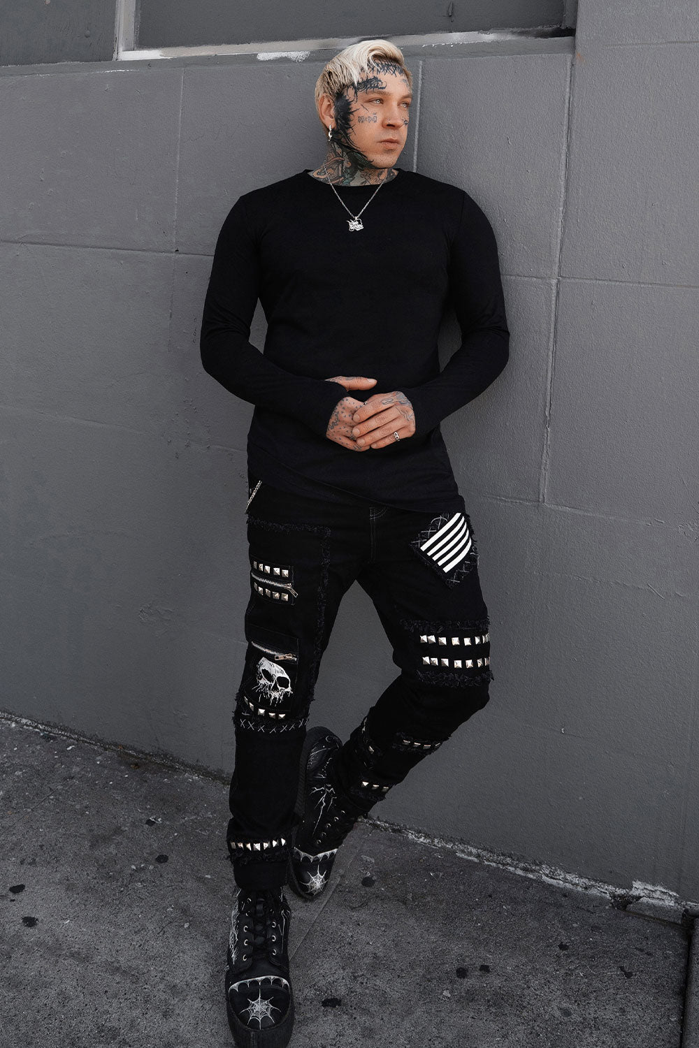 mens punk black long sleeve cotton shirt with thumbholes