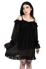 Foxblood black chiffon dress with ruffle trim