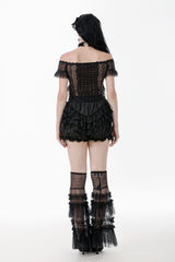 Back view of model wearing goth fashion shorts with ruffles and lace trim
