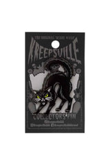 Kreepsville 666 black cat arch enamel pin for gothic fashion witchy accessories and spooky alternative style