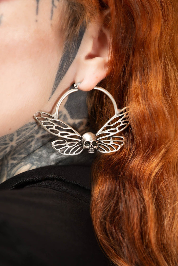 womens goth silver moth earrings