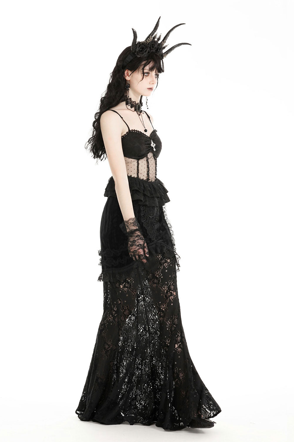 Dark in Love corset with polka dot mesh and ruffles