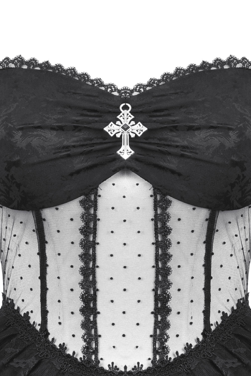 Corset style top with lace fringe and mesh