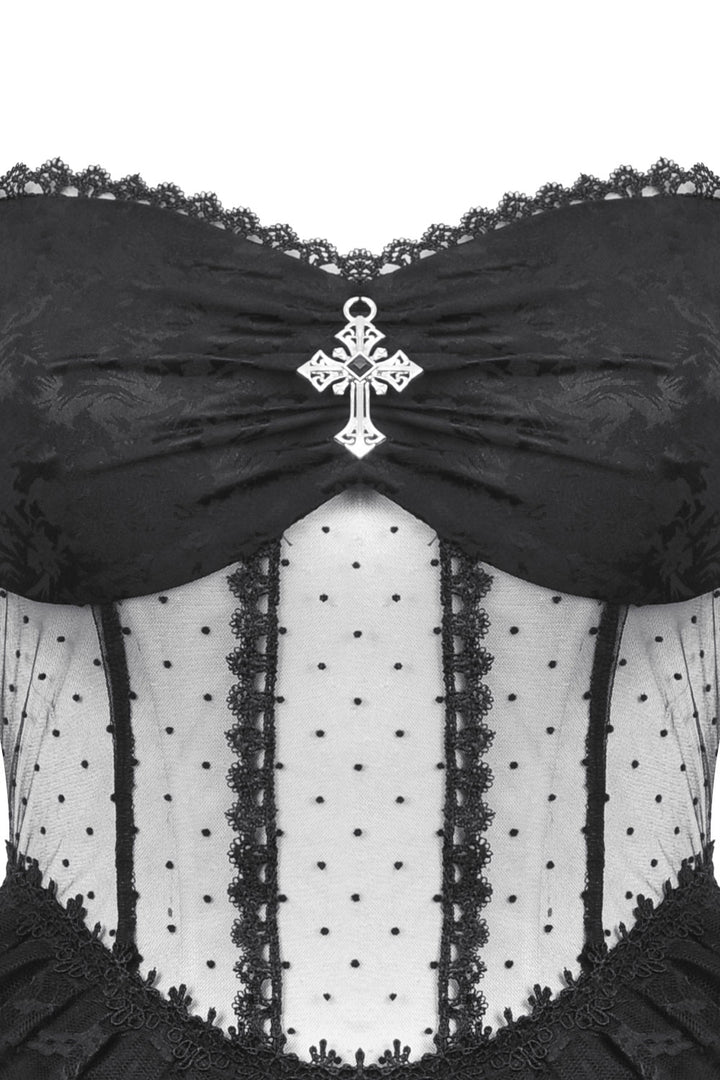 Corset style top with lace fringe and mesh
