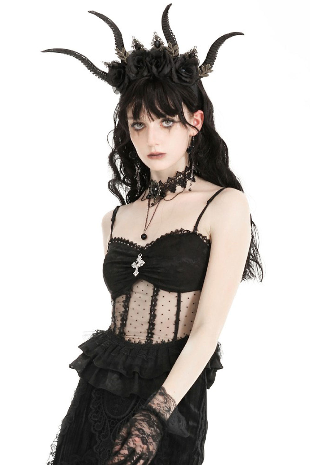 Corset style mesh tank top with pendant and lace