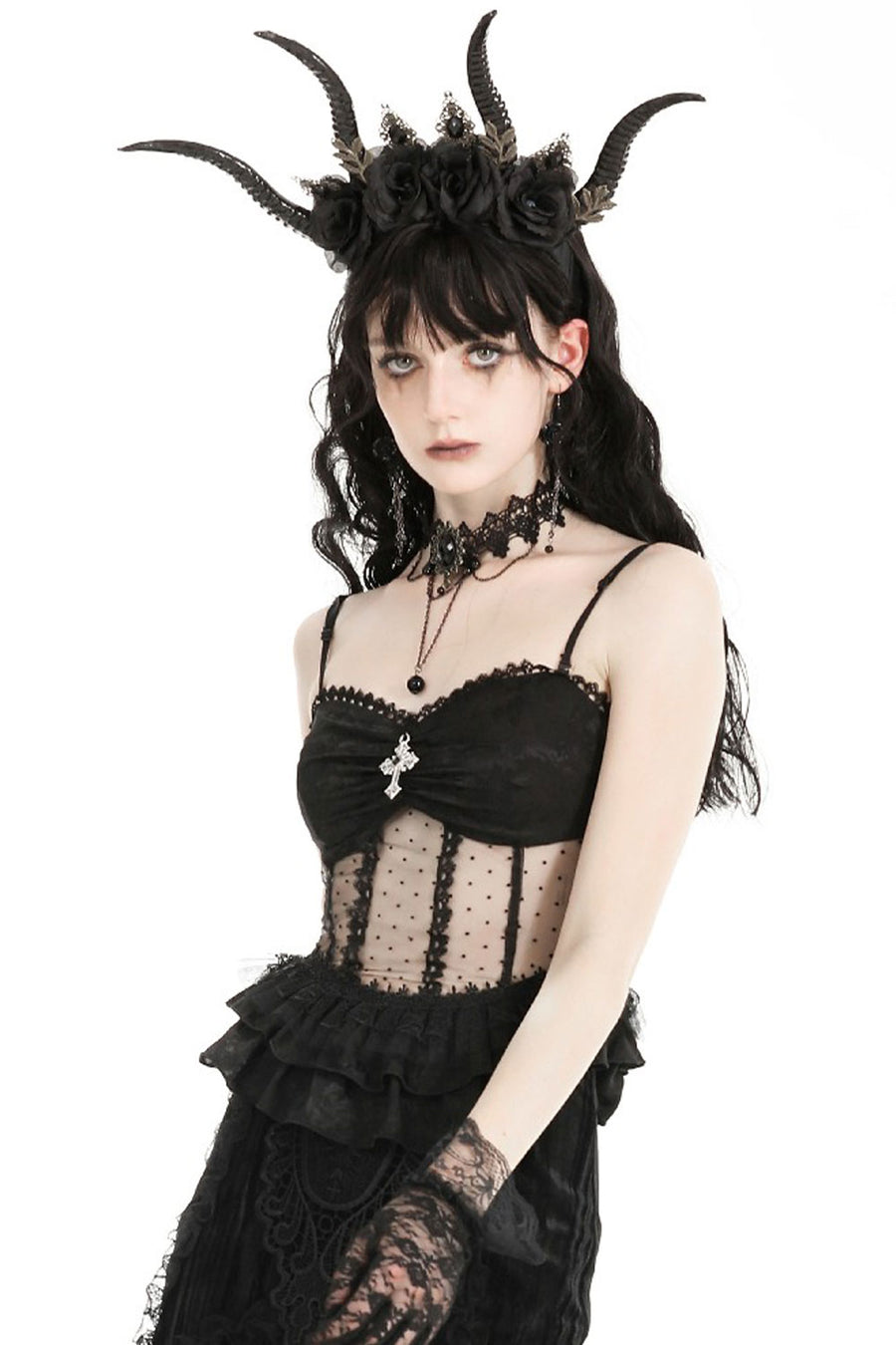 Corset style mesh tank top with pendant and lace