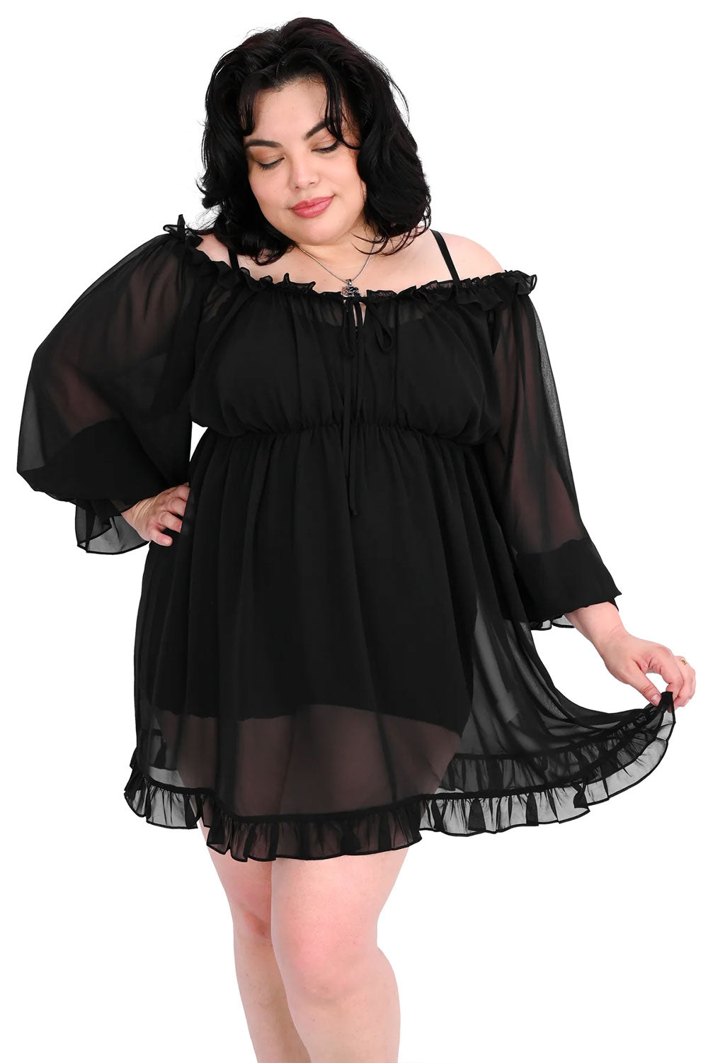 All black long sleeve chiffon dress in plus sizes