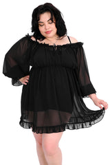 All black long sleeve chiffon dress in plus sizes
