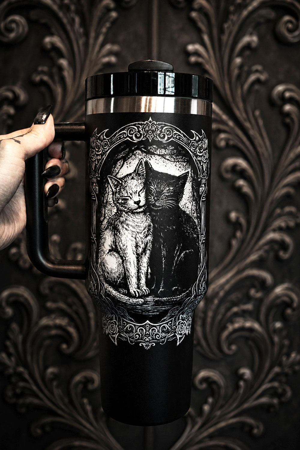 Tumbler for goths with graphic of two cats cuddling