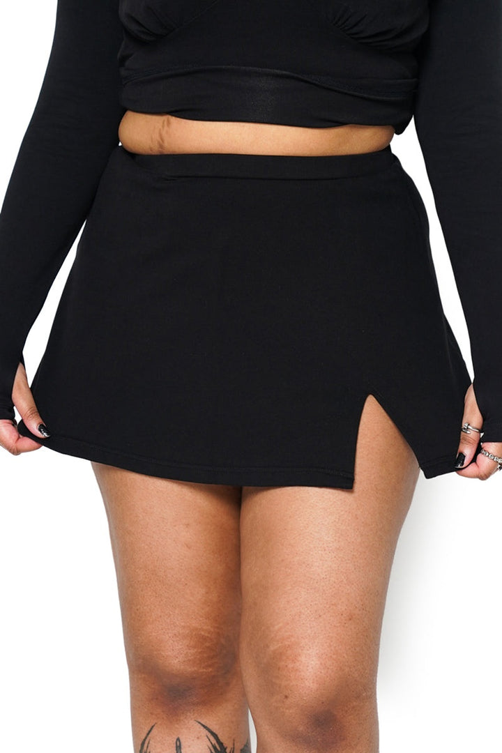 high-rise womens black skort with built-in shorts