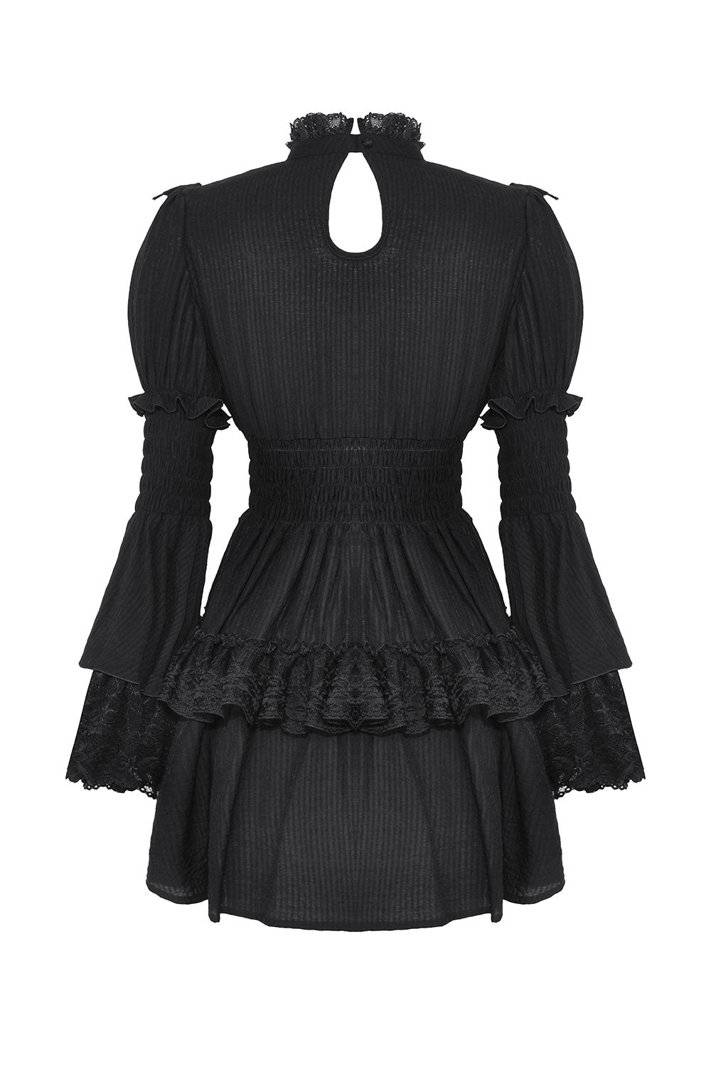 Back details of goth puff sleeve dress with cinched waist