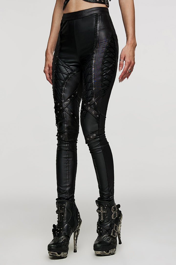 womens punk lace up leather leggings