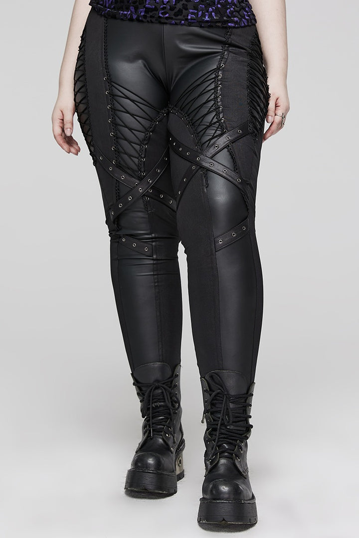 gothic black lace up skinny fit pants for women