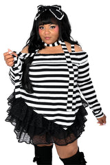 womens black and white striped asymmetric top with irregular hem