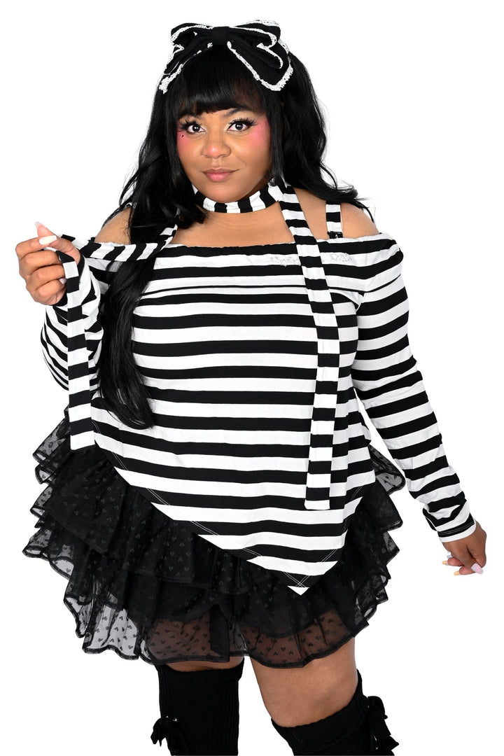 womens black and white striped asymmetric top with irregular hem