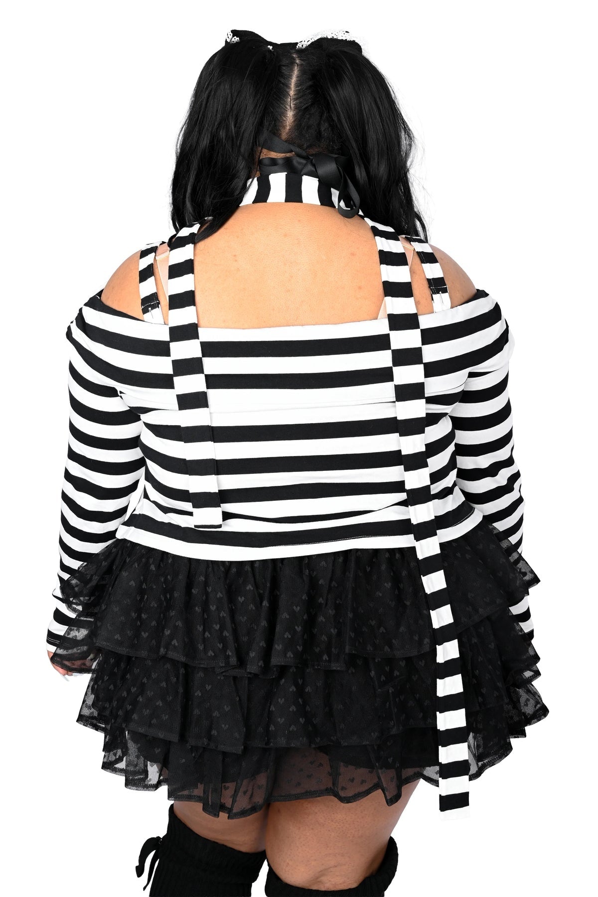 plus size womens black and white striped asymmetric top with scarf and thumbholes
