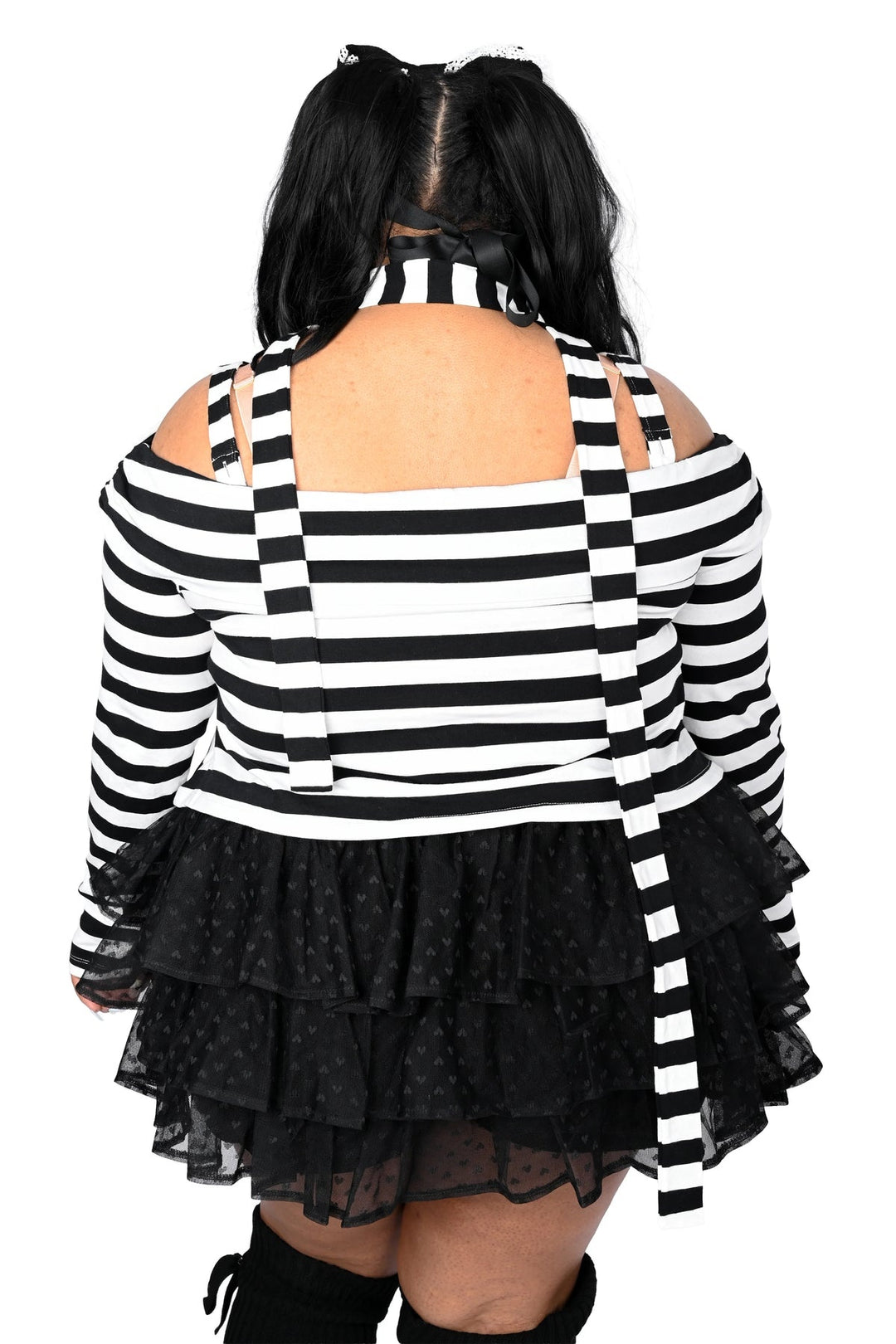 plus size womens black and white striped asymmetric top with scarf and thumbholes