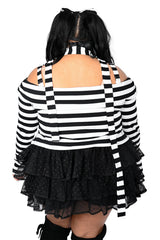 plus size womens black and white striped asymmetric top with scarf and thumbholes