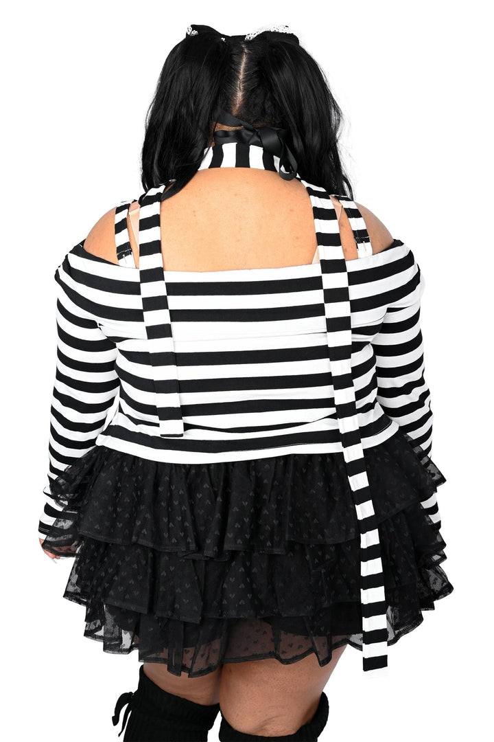 plus size womens black and white striped asymmetric top with scarf and thumbholes
