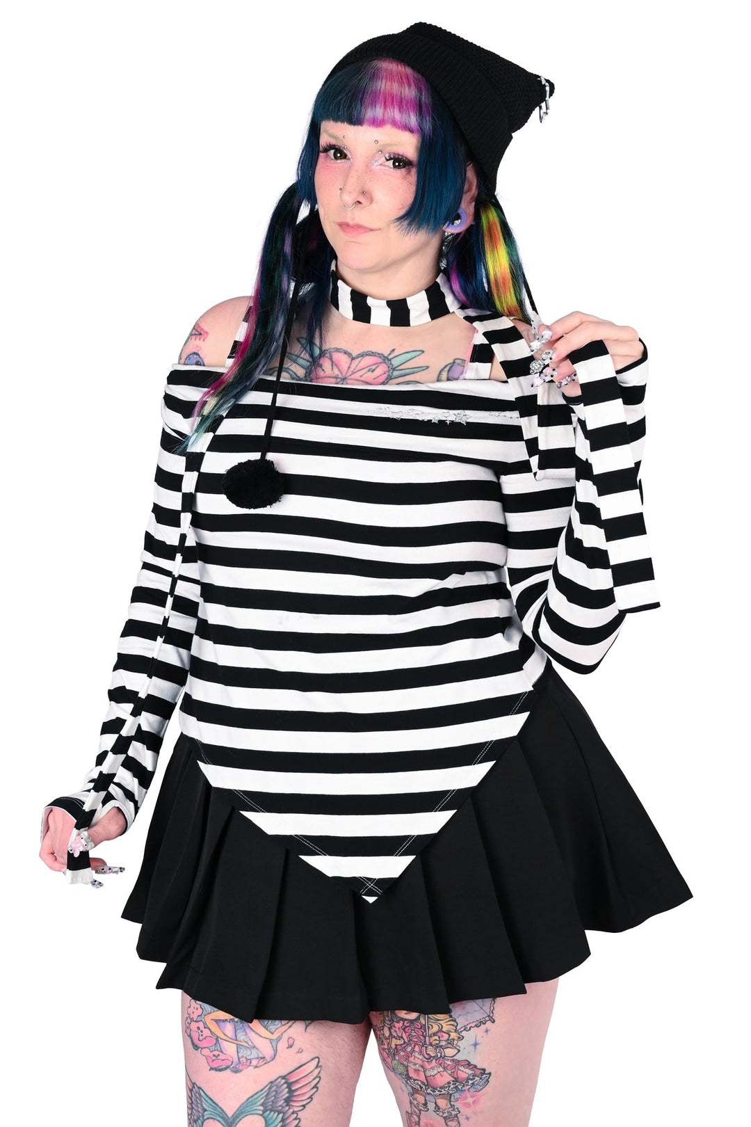 womens black and white striped asymmetric top