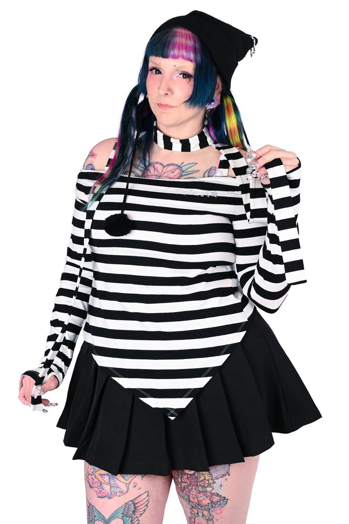 womens black and white striped asymmetric top