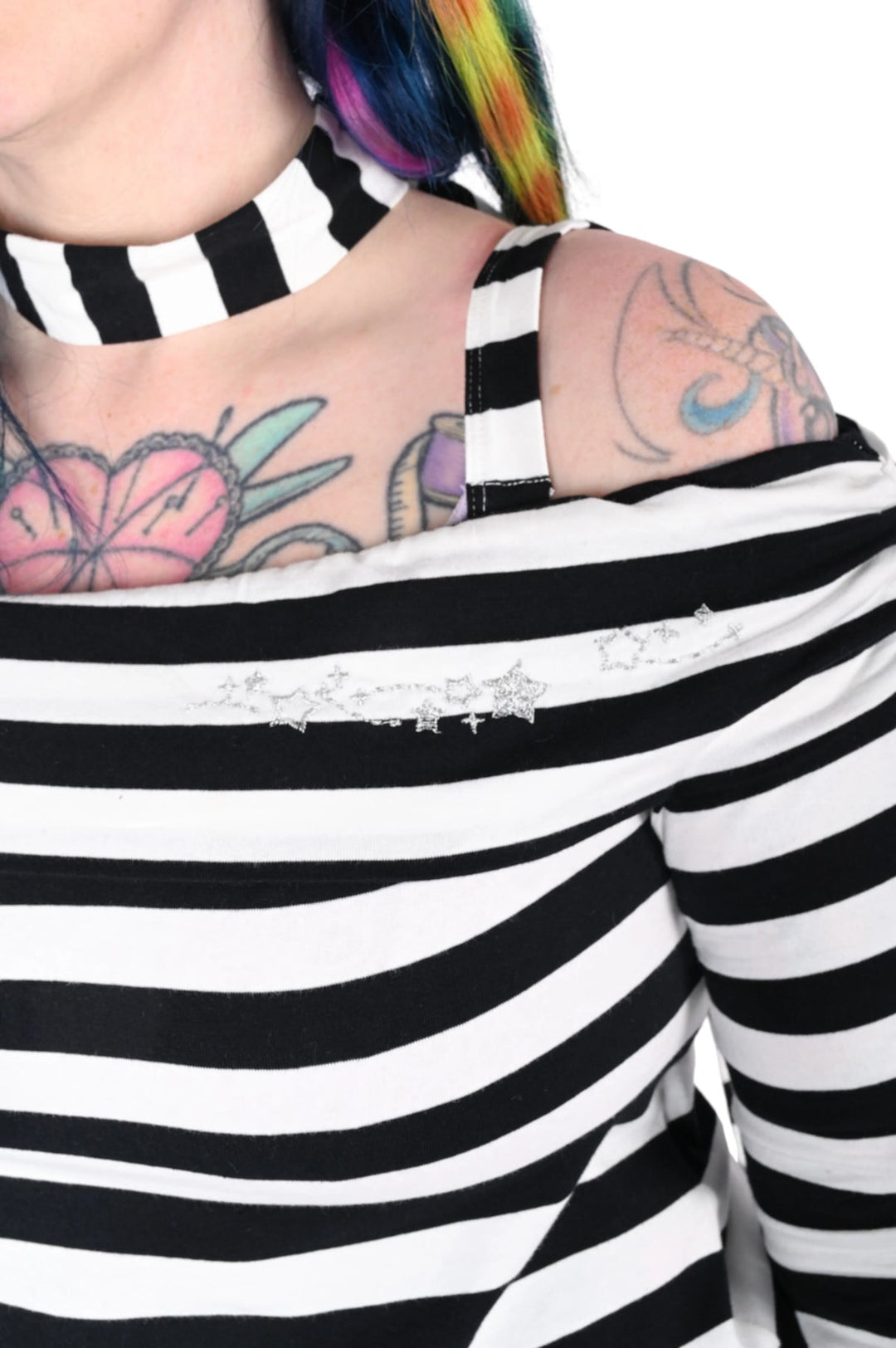 womens black and white striped asymmetric top and scarf
