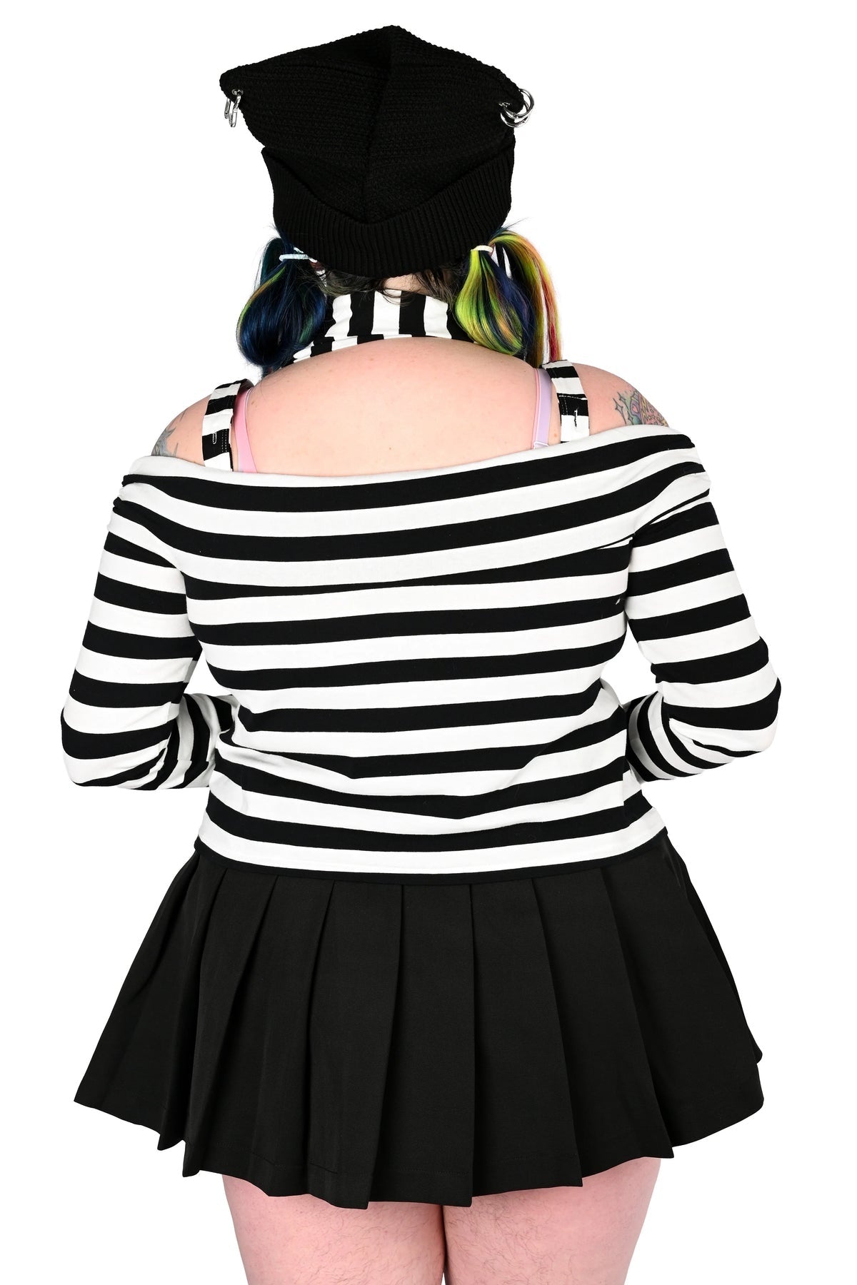 womens black and white striped asymmetric top with scarf and thumbholes